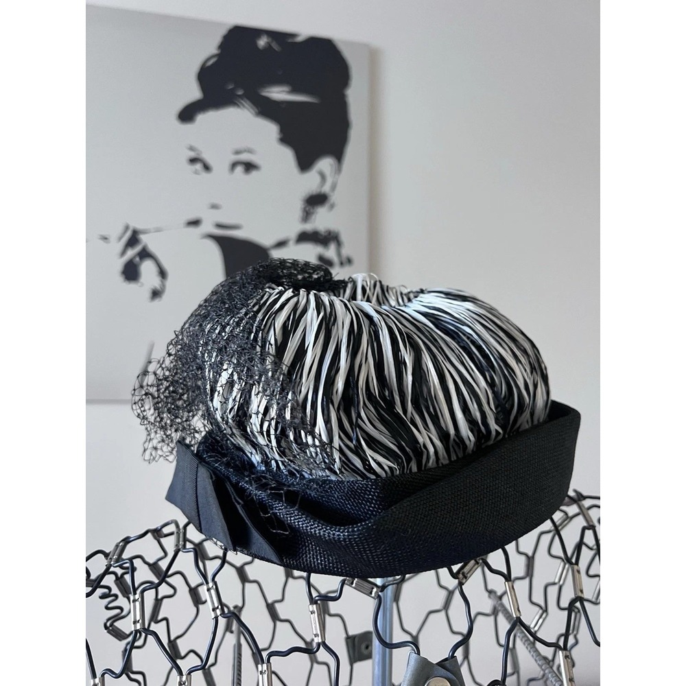 Vintage Black White Pillbox Hat Birdcage Veil Ribbon Bow Mid Century 50s 60s